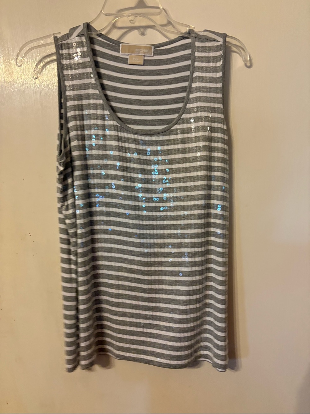 Michael Kors Gray & White Striped Sequin Tank Top Petite Large